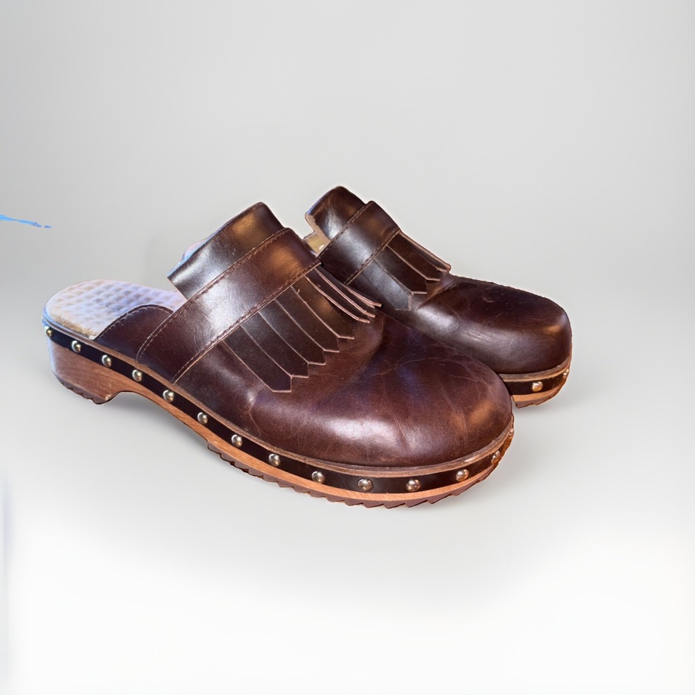 Kelsi Dagger Studded Brown Leather Wood Clogs Bohemian Festival Fringe Women 9.5
